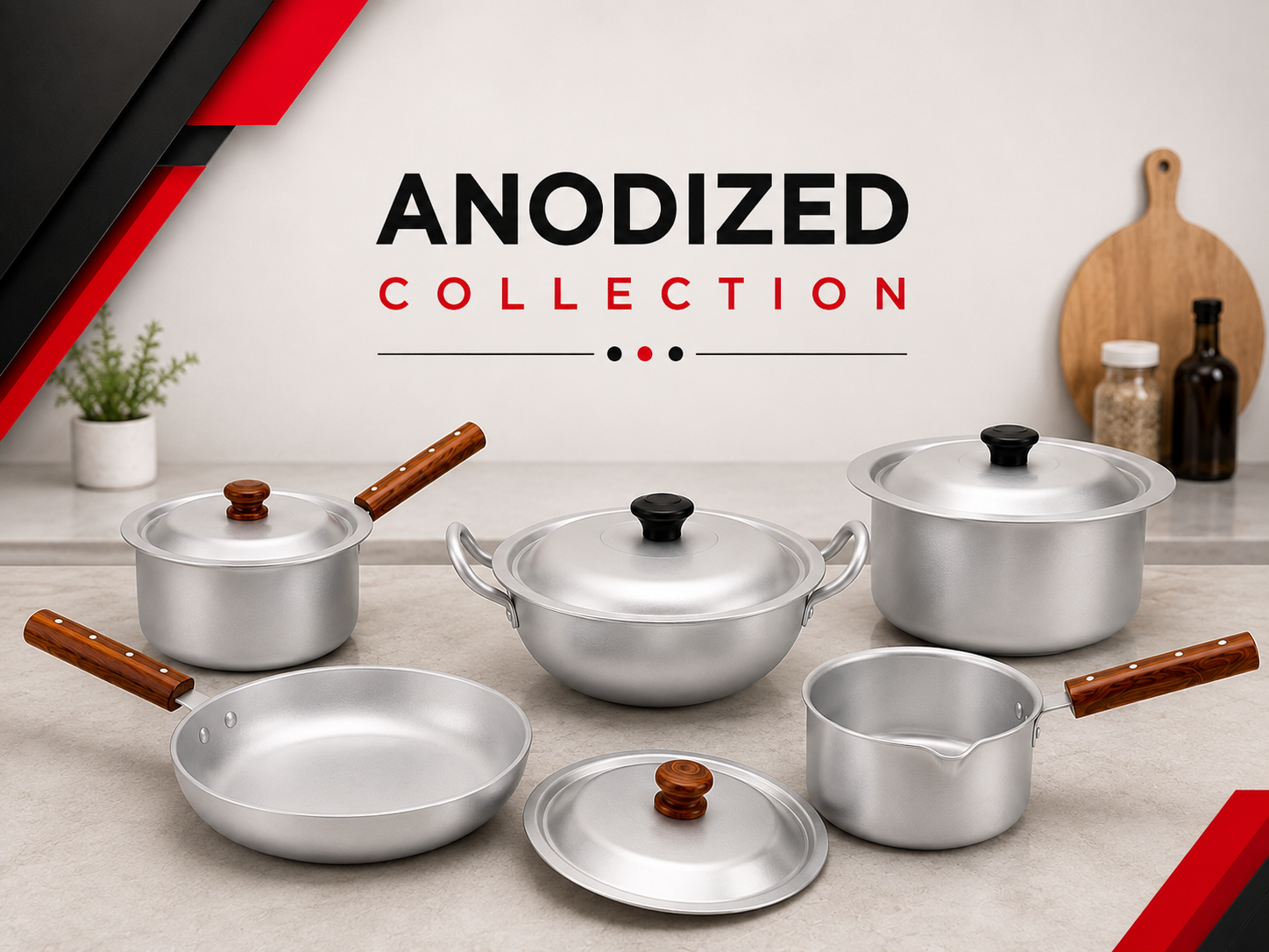 A display of anodized cookware